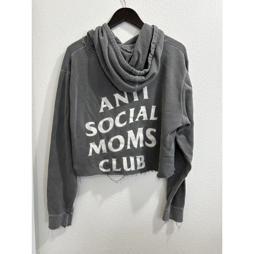 Anti Social Moms Club Grey Hoodie Womens Size Medium Oversized Cropped Grunge - Picture 4 of 10